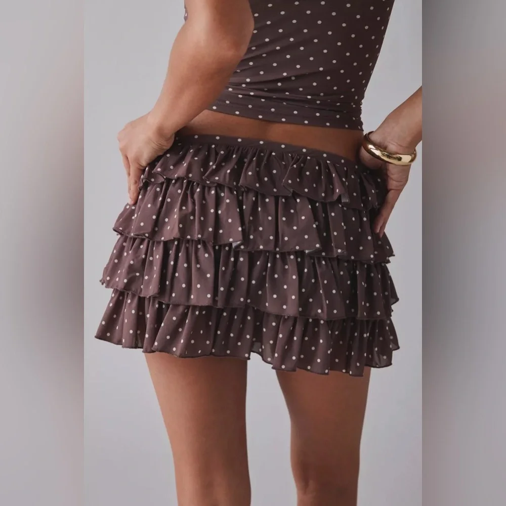 Urban Outfitters Out From Under Cammy Ruffle Trim Micro Skort Brown Polka Dot